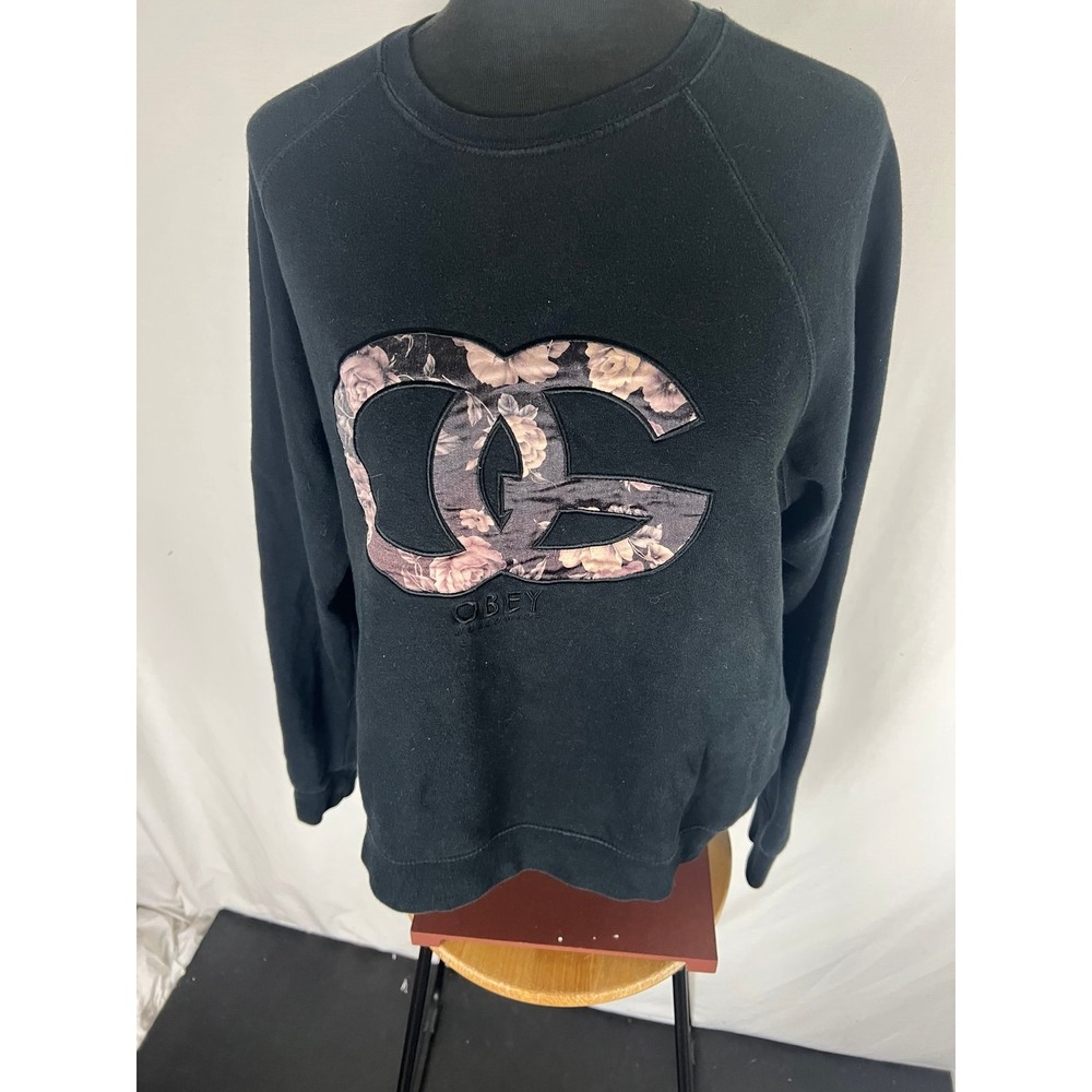 Obey Sweatshirt Size Medium OG Black Floral Lettering Fleece Women's